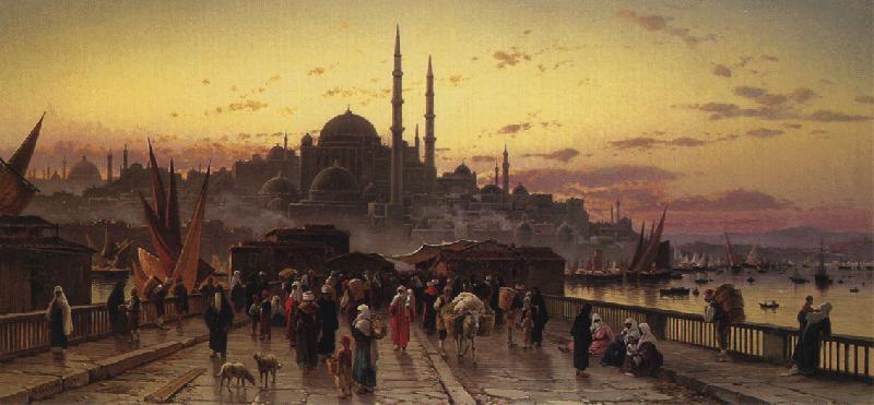 Hermann David Solomon Corrodi Dusk on the Galata Bridge and the Yeni Valide Djami, Constantinople oil painting image